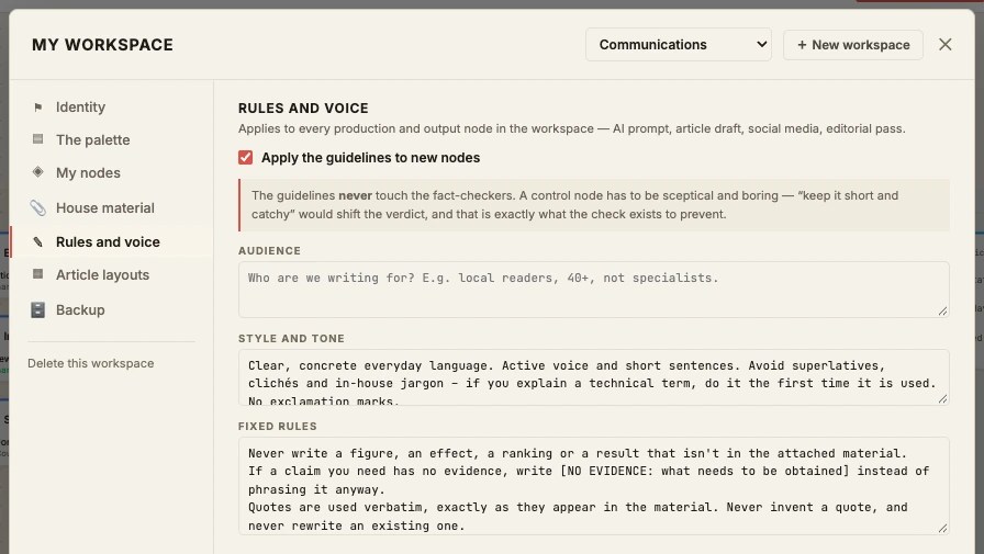 The Communications workspace with its standing rules and style.