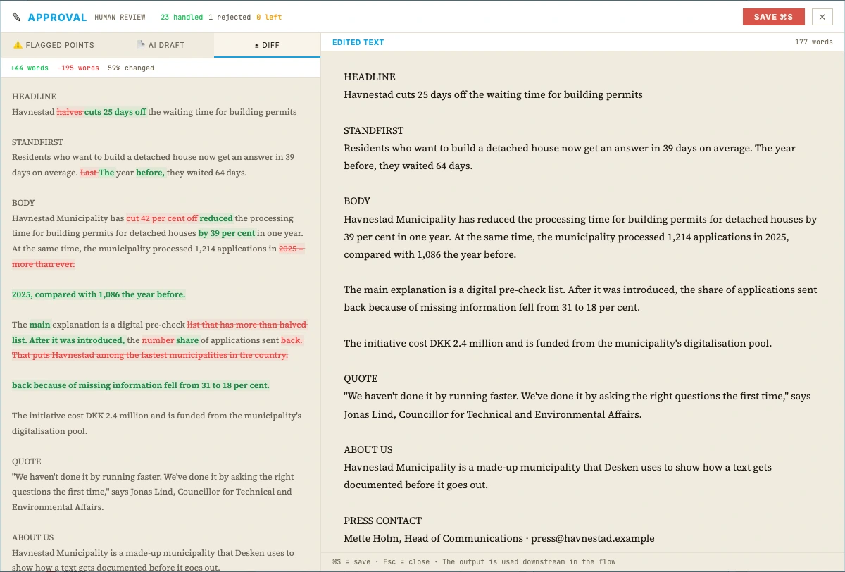 The diff view in the sign-off: the difference between the AI draft and the approved text, word by word.