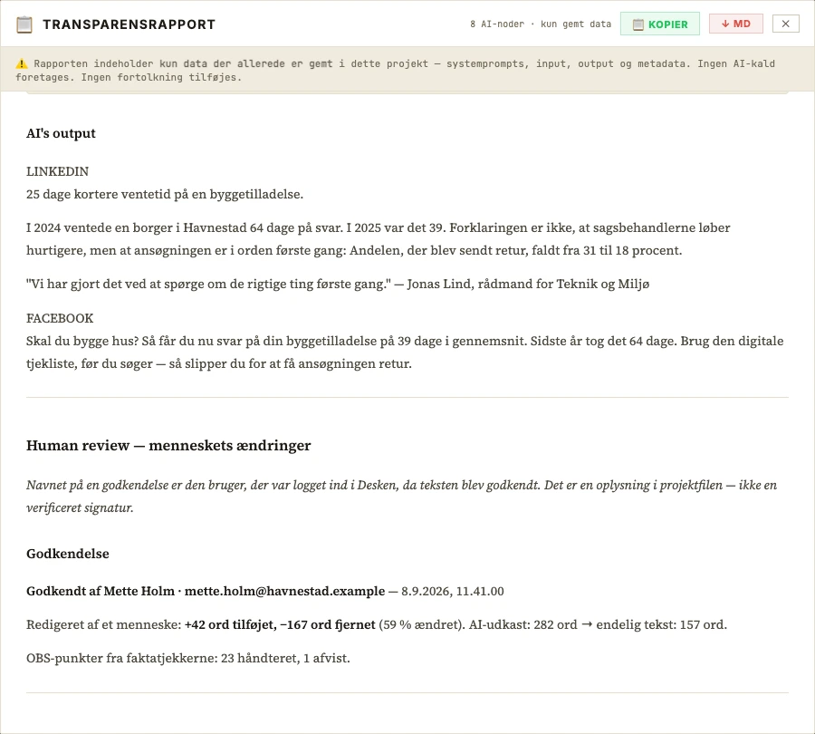 Rapportens slutning: human review med navnet på den, der godkendte teksten, og tidspunktet.