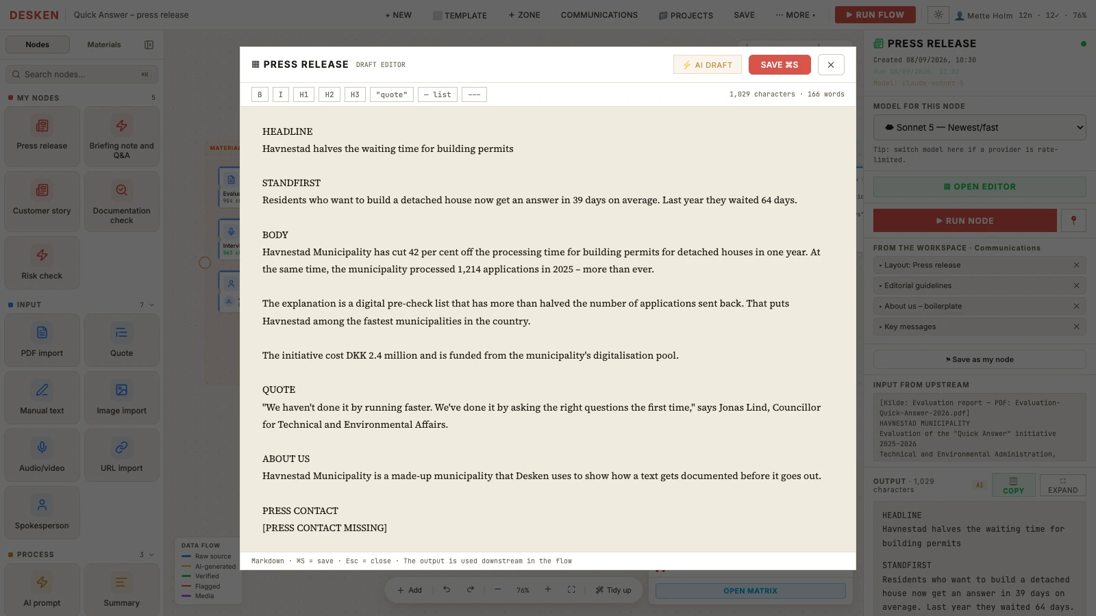 The draft editor with the press release. On the right, the inspector shows which layout and house material the workspace has put in.